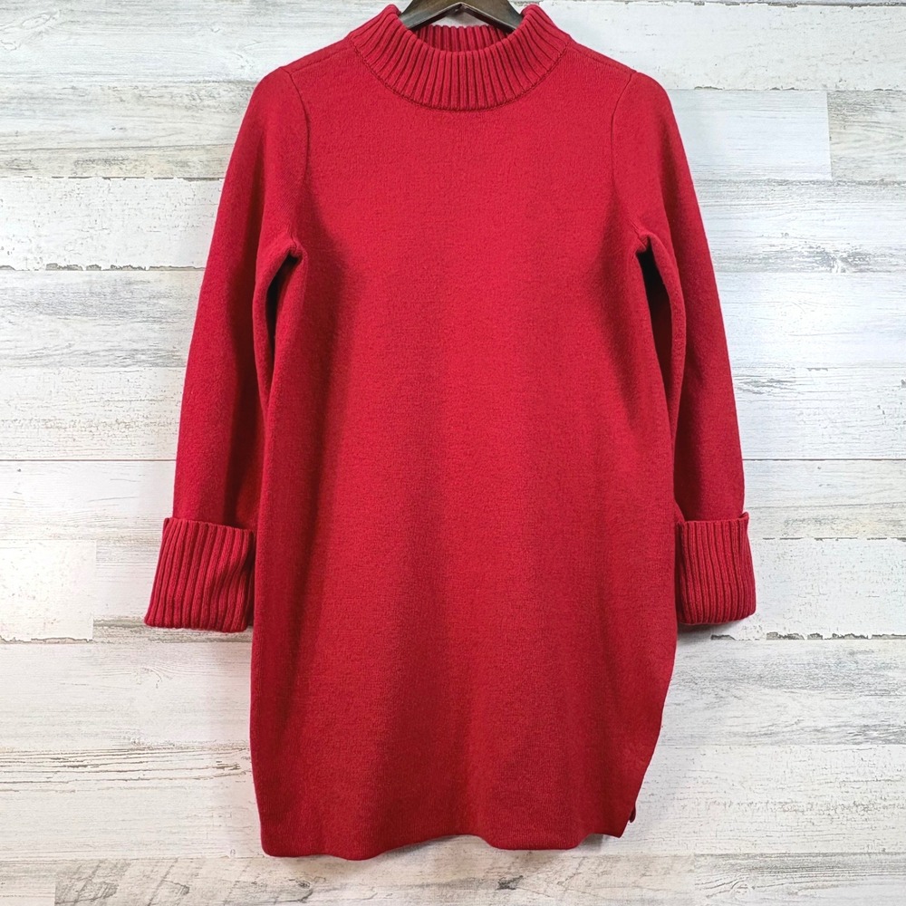 Chicos Red Mock Neck Sweater Tunic Womens Size 1 US 10 Long Sleeve Ribbed Knit